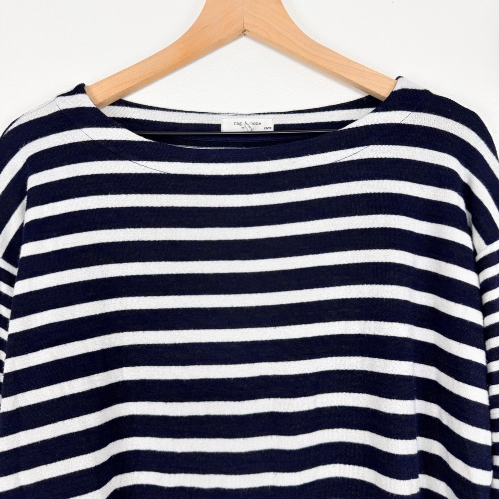 Rag & Bone Striped Long Sleeve Top Womens XS Navy White Boat Neck Rayon Blend - Picture 3 of 14
